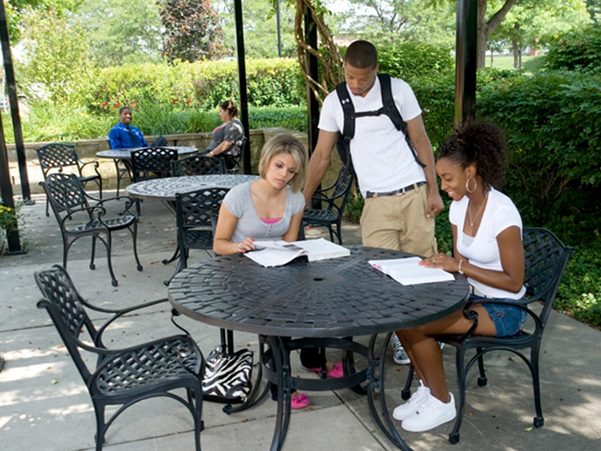 Students studying on the patio of the Hoover-Price 校园 Center